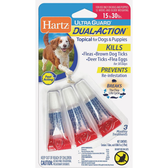 Hartz UltraGuard Dual Action 3-Month Supply Flea & Tick Treatment For Dogs & Puppies From 15 to 30 Lb.