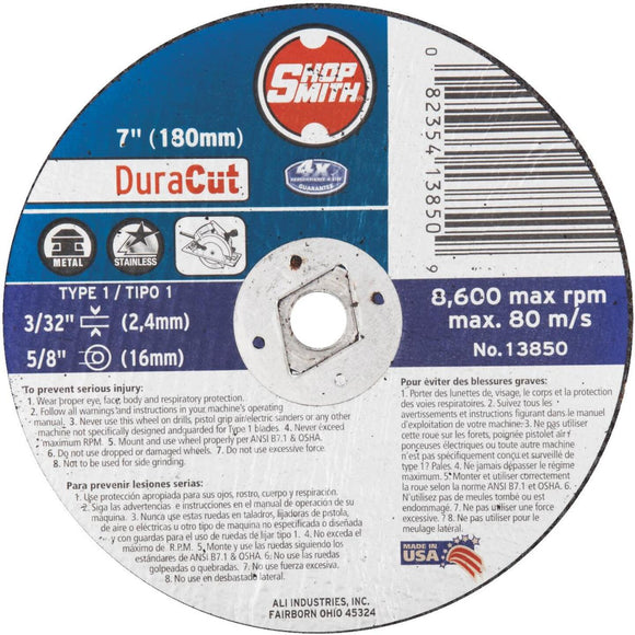 Shop Smith DuraCut Type 1 7 In. x 3/32 In. x 5/8 In. Metal/Stainless Cut-Off Wheel