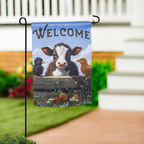 Evergreen Cow and Chicks Suede Garden Flag