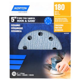 8-Hole Ceramic Sanding Discs, 180 Grit, 5-In., 15-Pk.