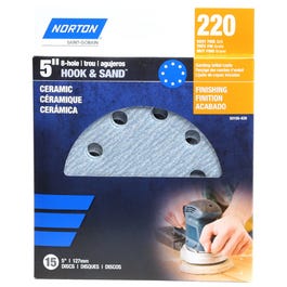 8-Hole Ceramic Sanding Discs, 220 Grit, 5-In., 15-Pk.