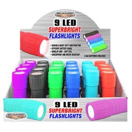 9 LED Super Bright Flashlight, Assorted Colors, 3 AA Batteries
