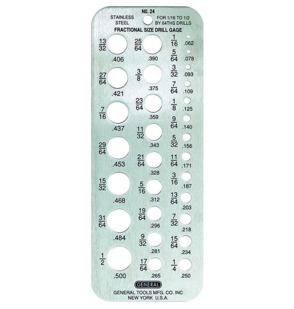 General Tools 24 Fractional Drill Gauge, Hobby Drill Gauge for 1/16” to 1/2
