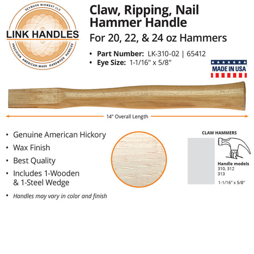 Link Handles 14 Claw Hammer Handle For 20, 22, & 24 Oz Hammers