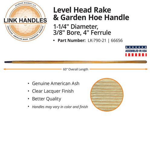 Seymour Link Handle 60 level head rake and garden hoe Handle, 1-1/4 diameter, ferruled, 3/8 bore