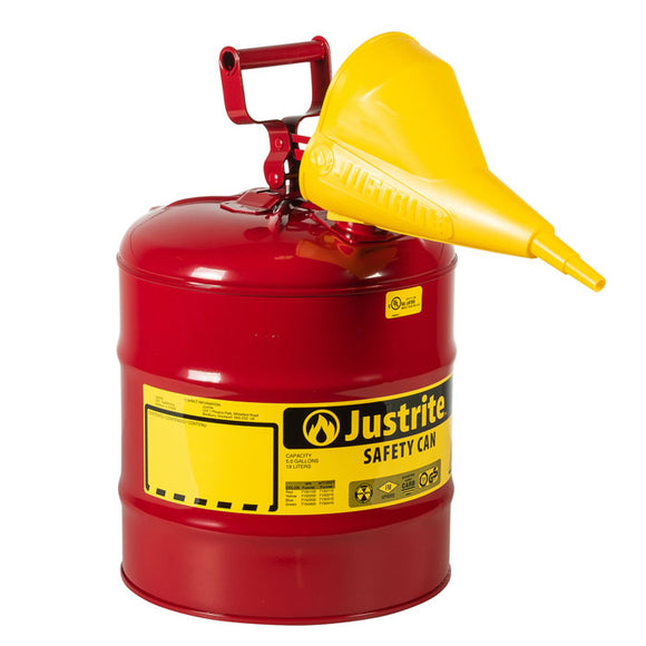 Justrite 5 Gallon Steel Safety Can for Flammables, Type I, Funnel, Flame Arrester, Red