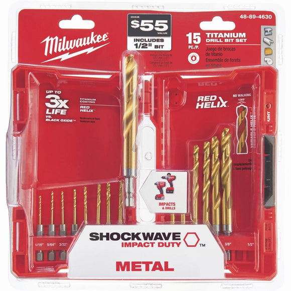 Milwaukee Shockwave 15-Piece Impact Duty Titanium Hex Shank Drill Bit Set, 1/16 In. thru 1/2 In.